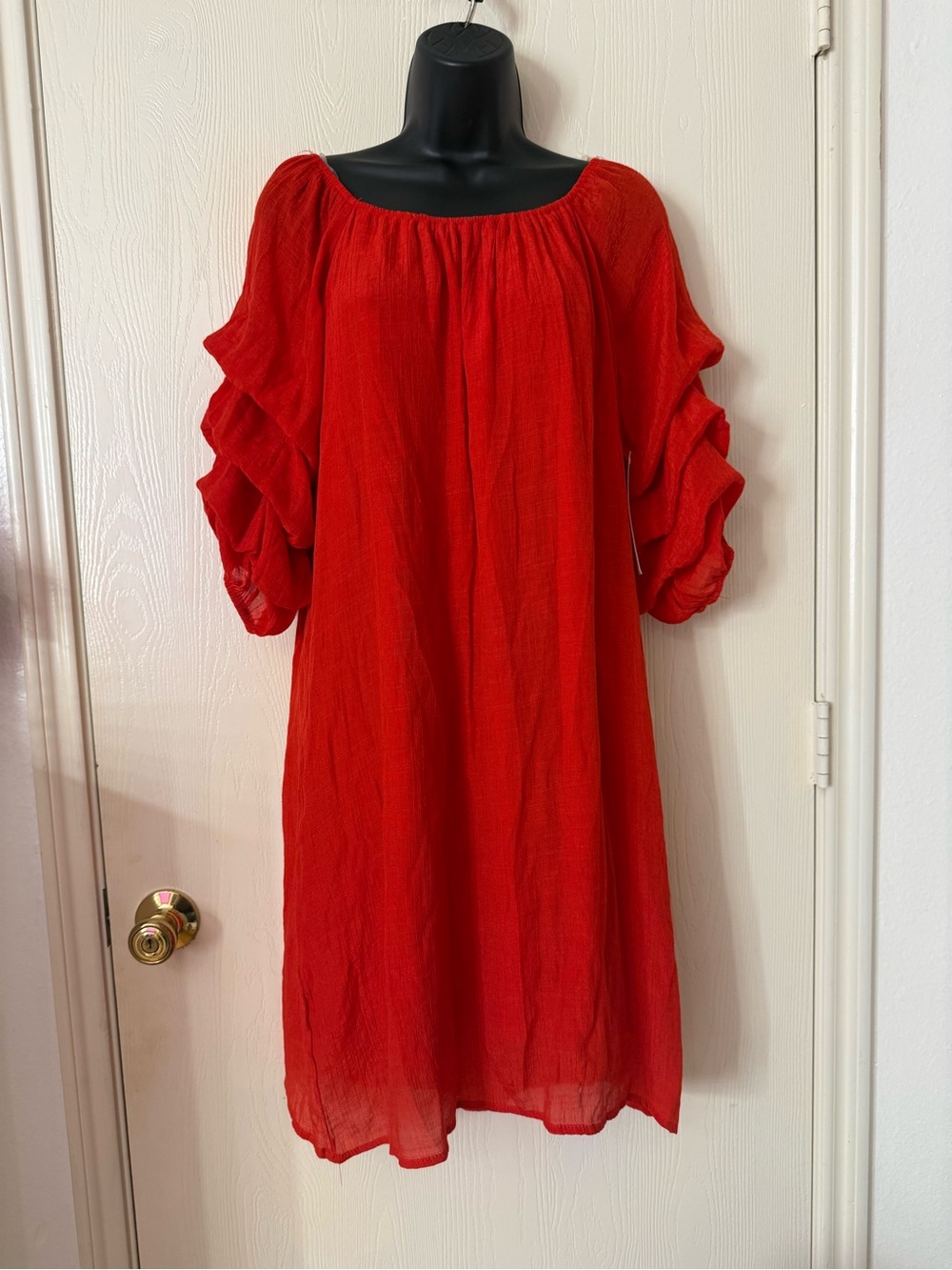 Women’s Red Midi Dress with Ruffled Sleeves